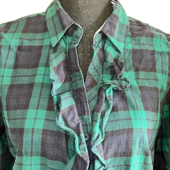 Tommy Hilfiger Women’s TarTan Green Plaid Ruffle Front Slit Neck Blouse … - Picture 10 of 16